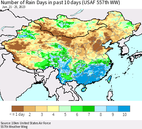 China, Mongolia and Taiwan Number of Rain Days in past 10 days (USAF 557th WW) Thematic Map For 6/21/2023 - 6/25/2023