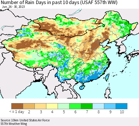 China, Mongolia and Taiwan Number of Rain Days in past 10 days (USAF 557th WW) Thematic Map For 6/26/2023 - 6/30/2023