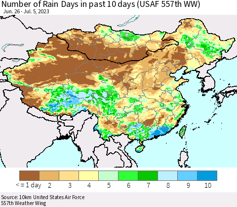 China, Mongolia and Taiwan Number of Rain Days in past 10 days (USAF 557th WW) Thematic Map For 7/1/2023 - 7/5/2023