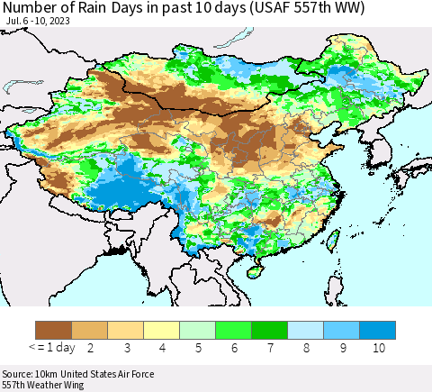 China, Mongolia and Taiwan Number of Rain Days in past 10 days (USAF 557th WW) Thematic Map For 7/6/2023 - 7/10/2023