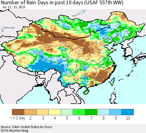 China, Mongolia and Taiwan Number of Rain Days in past 10 days (USAF 557th WW) Thematic Map For 7/11/2023 - 7/15/2023