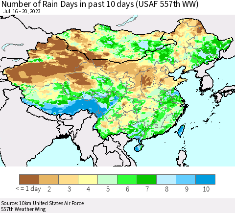 China, Mongolia and Taiwan Number of Rain Days in past 10 days (USAF 557th WW) Thematic Map For 7/16/2023 - 7/20/2023