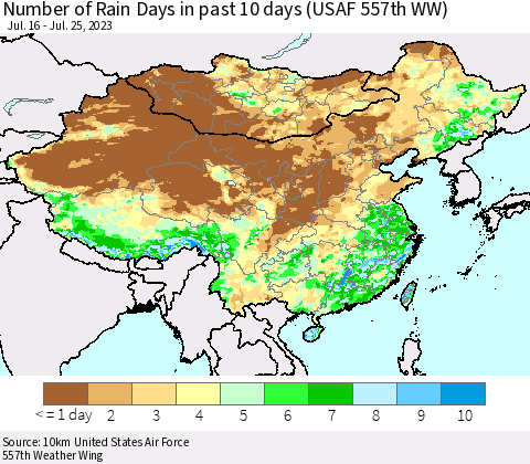 China, Mongolia and Taiwan Number of Rain Days in past 10 days (USAF 557th WW) Thematic Map For 7/21/2023 - 7/25/2023