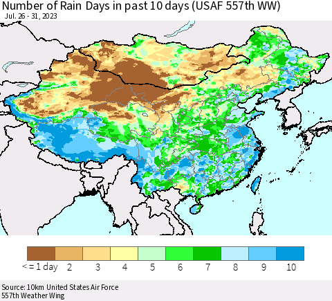 China, Mongolia and Taiwan Number of Rain Days in past 10 days (USAF 557th WW) Thematic Map For 7/26/2023 - 7/31/2023