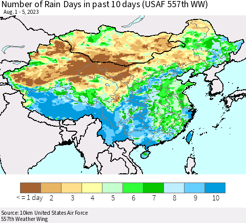 China, Mongolia and Taiwan Number of Rain Days in past 10 days (USAF 557th WW) Thematic Map For 8/1/2023 - 8/5/2023