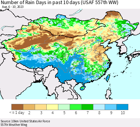 China, Mongolia and Taiwan Number of Rain Days in past 10 days (USAF 557th WW) Thematic Map For 8/6/2023 - 8/10/2023