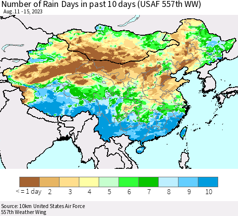 China, Mongolia and Taiwan Number of Rain Days in past 10 days (USAF 557th WW) Thematic Map For 8/11/2023 - 8/15/2023