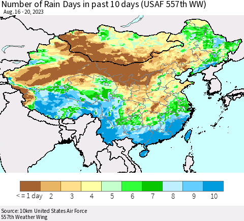 China, Mongolia and Taiwan Number of Rain Days in past 10 days (USAF 557th WW) Thematic Map For 8/16/2023 - 8/20/2023