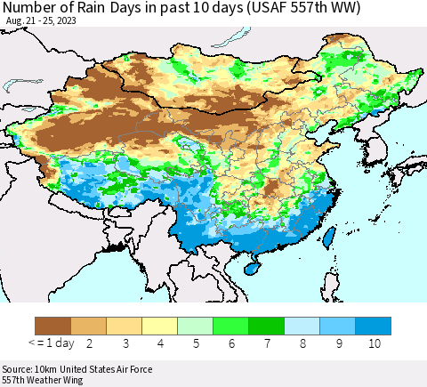 China, Mongolia and Taiwan Number of Rain Days in past 10 days (USAF 557th WW) Thematic Map For 8/21/2023 - 8/25/2023