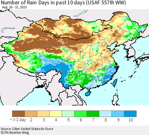 China, Mongolia and Taiwan Number of Rain Days in past 10 days (USAF 557th WW) Thematic Map For 8/26/2023 - 8/31/2023