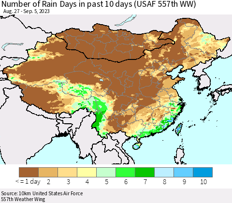 China, Mongolia and Taiwan Number of Rain Days in past 10 days (USAF 557th WW) Thematic Map For 9/1/2023 - 9/5/2023