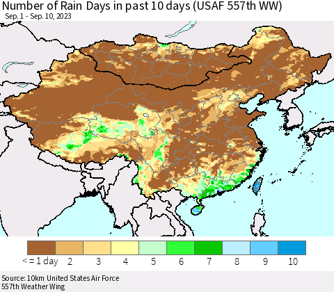 China, Mongolia and Taiwan Number of Rain Days in past 10 days (USAF 557th WW) Thematic Map For 9/6/2023 - 9/10/2023