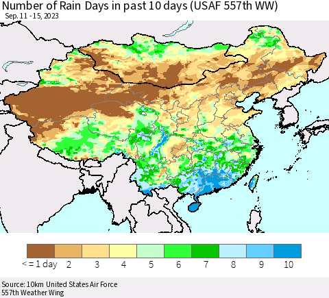 China, Mongolia and Taiwan Number of Rain Days in past 10 days (USAF 557th WW) Thematic Map For 9/11/2023 - 9/15/2023