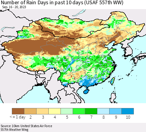 China, Mongolia and Taiwan Number of Rain Days in past 10 days (USAF 557th WW) Thematic Map For 9/16/2023 - 9/20/2023
