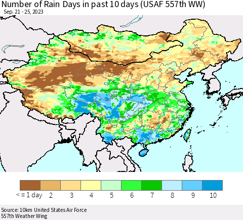China, Mongolia and Taiwan Number of Rain Days in past 10 days (USAF 557th WW) Thematic Map For 9/21/2023 - 9/25/2023