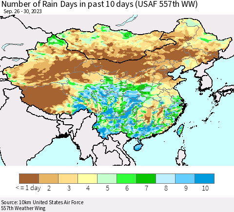 China, Mongolia and Taiwan Number of Rain Days in past 10 days (USAF 557th WW) Thematic Map For 9/26/2023 - 9/30/2023