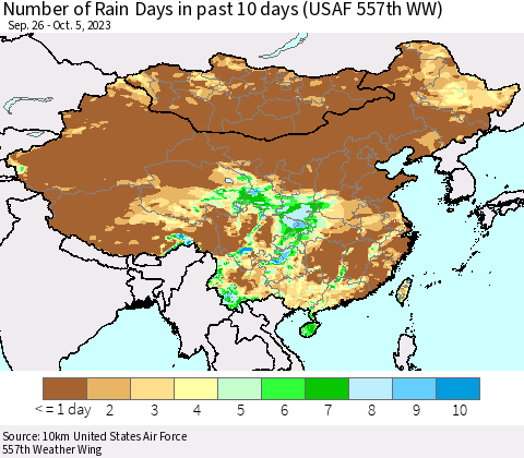 China, Mongolia and Taiwan Number of Rain Days in past 10 days (USAF 557th WW) Thematic Map For 10/1/2023 - 10/5/2023