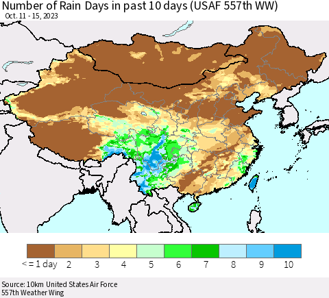 China, Mongolia and Taiwan Number of Rain Days in past 10 days (USAF 557th WW) Thematic Map For 10/11/2023 - 10/15/2023
