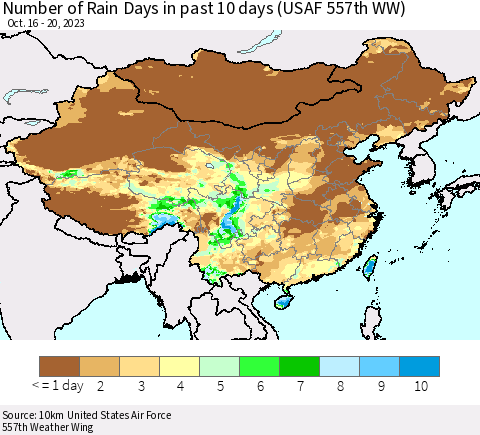 China, Mongolia and Taiwan Number of Rain Days in past 10 days (USAF 557th WW) Thematic Map For 10/16/2023 - 10/20/2023