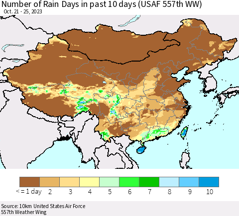 China, Mongolia and Taiwan Number of Rain Days in past 10 days (USAF 557th WW) Thematic Map For 10/21/2023 - 10/25/2023