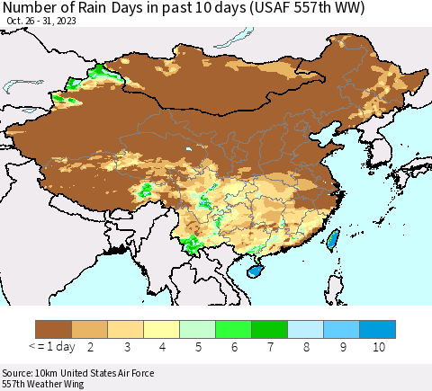 China, Mongolia and Taiwan Number of Rain Days in past 10 days (USAF 557th WW) Thematic Map For 10/26/2023 - 10/31/2023
