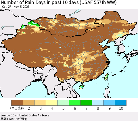 China, Mongolia and Taiwan Number of Rain Days in past 10 days (USAF 557th WW) Thematic Map For 11/1/2023 - 11/5/2023