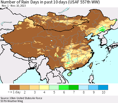 China, Mongolia and Taiwan Number of Rain Days in past 10 days (USAF 557th WW) Thematic Map For 11/6/2023 - 11/10/2023