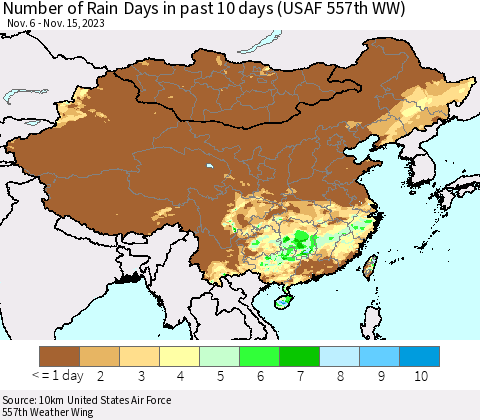 China, Mongolia and Taiwan Number of Rain Days in past 10 days (USAF 557th WW) Thematic Map For 11/11/2023 - 11/15/2023