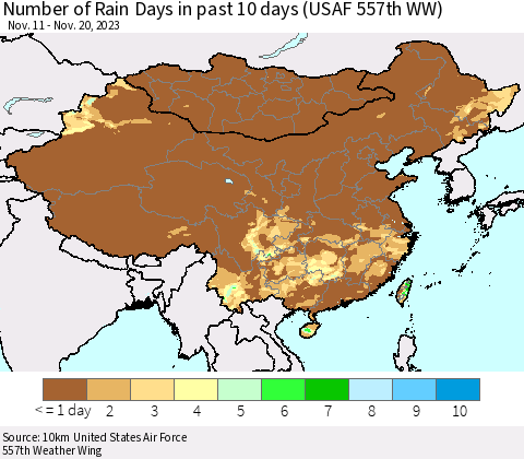 China, Mongolia and Taiwan Number of Rain Days in past 10 days (USAF 557th WW) Thematic Map For 11/16/2023 - 11/20/2023