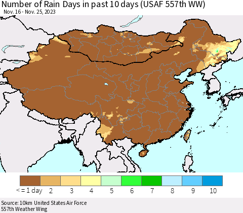 China, Mongolia and Taiwan Number of Rain Days in past 10 days (USAF 557th WW) Thematic Map For 11/21/2023 - 11/25/2023