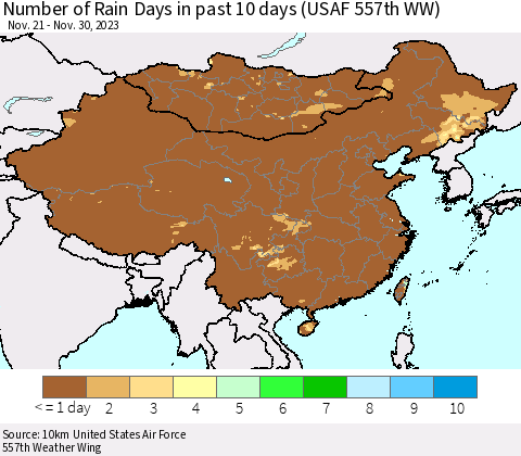 China, Mongolia and Taiwan Number of Rain Days in past 10 days (USAF 557th WW) Thematic Map For 11/26/2023 - 11/30/2023