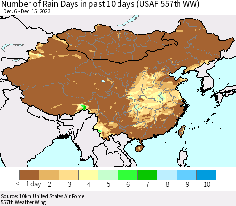 China, Mongolia and Taiwan Number of Rain Days in past 10 days (USAF 557th WW) Thematic Map For 12/11/2023 - 12/15/2023