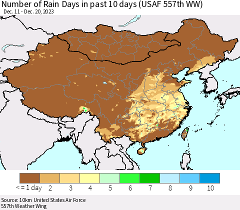 China, Mongolia and Taiwan Number of Rain Days in past 10 days (USAF 557th WW) Thematic Map For 12/16/2023 - 12/20/2023