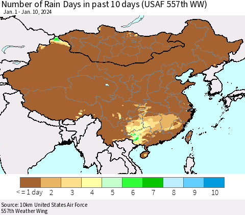 China, Mongolia and Taiwan Number of Rain Days in past 10 days (USAF 557th WW) Thematic Map For 1/6/2024 - 1/10/2024