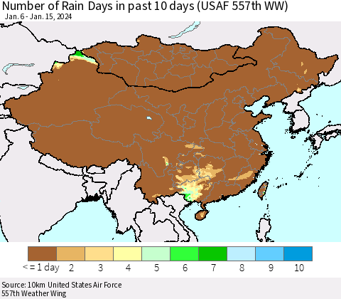 China, Mongolia and Taiwan Number of Rain Days in past 10 days (USAF 557th WW) Thematic Map For 1/11/2024 - 1/15/2024