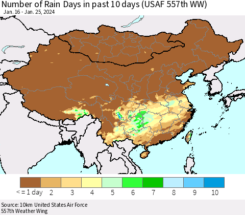 China, Mongolia and Taiwan Number of Rain Days in past 10 days (USAF 557th WW) Thematic Map For 1/21/2024 - 1/25/2024