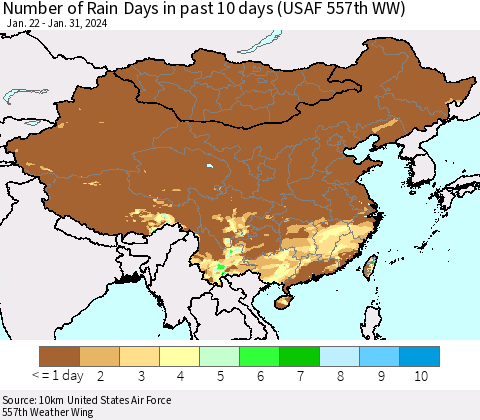 China, Mongolia and Taiwan Number of Rain Days in past 10 days (USAF 557th WW) Thematic Map For 1/26/2024 - 1/31/2024