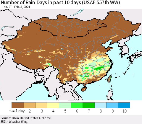 China, Mongolia and Taiwan Number of Rain Days in past 10 days (USAF 557th WW) Thematic Map For 2/1/2024 - 2/5/2024