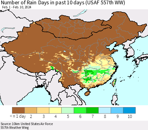 China, Mongolia and Taiwan Number of Rain Days in past 10 days (USAF 557th WW) Thematic Map For 2/6/2024 - 2/10/2024