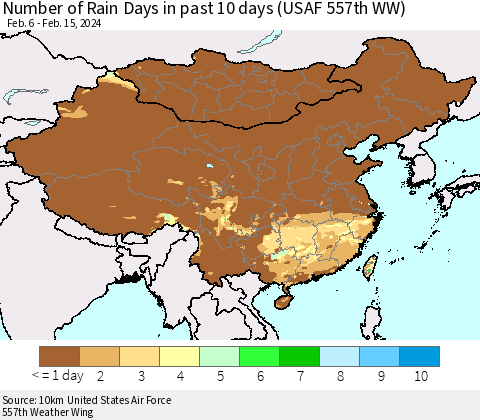 China, Mongolia and Taiwan Number of Rain Days in past 10 days (USAF 557th WW) Thematic Map For 2/11/2024 - 2/15/2024