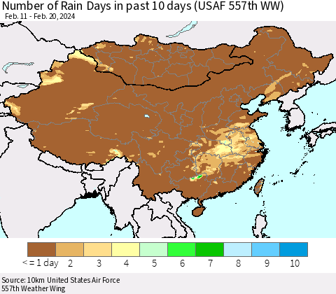 China, Mongolia and Taiwan Number of Rain Days in past 10 days (USAF 557th WW) Thematic Map For 2/16/2024 - 2/20/2024