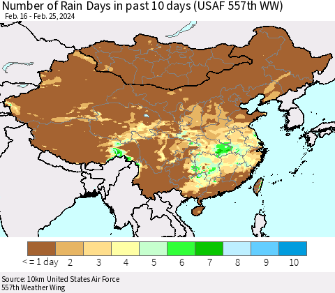 China, Mongolia and Taiwan Number of Rain Days in past 10 days (USAF 557th WW) Thematic Map For 2/21/2024 - 2/25/2024