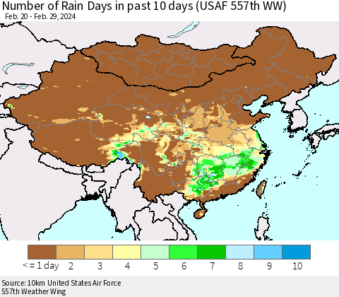 China, Mongolia and Taiwan Number of Rain Days in past 10 days (USAF 557th WW) Thematic Map For 2/26/2024 - 2/29/2024