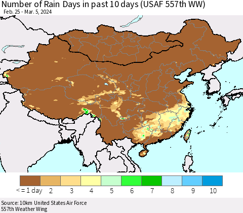 China, Mongolia and Taiwan Number of Rain Days in past 10 days (USAF 557th WW) Thematic Map For 3/1/2024 - 3/5/2024