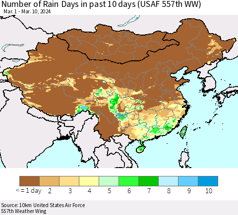 China, Mongolia and Taiwan Number of Rain Days in past 10 days (USAF 557th WW) Thematic Map For 3/6/2024 - 3/10/2024