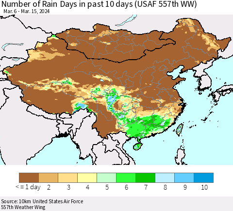 China, Mongolia and Taiwan Number of Rain Days in past 10 days (USAF 557th WW) Thematic Map For 3/11/2024 - 3/15/2024