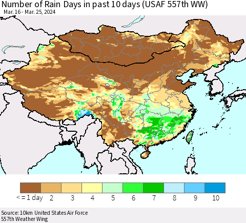 China, Mongolia and Taiwan Number of Rain Days in past 10 days (USAF 557th WW) Thematic Map For 3/21/2024 - 3/25/2024
