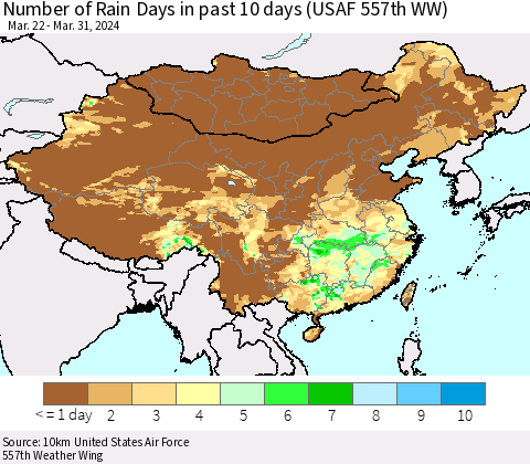 China, Mongolia and Taiwan Number of Rain Days in past 10 days (USAF 557th WW) Thematic Map For 3/26/2024 - 3/31/2024