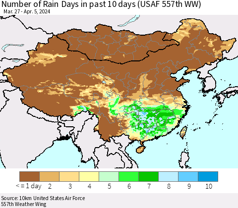 China, Mongolia and Taiwan Number of Rain Days in past 10 days (USAF 557th WW) Thematic Map For 4/1/2024 - 4/5/2024