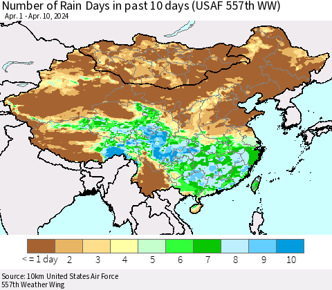 China, Mongolia and Taiwan Number of Rain Days in past 10 days (USAF 557th WW) Thematic Map For 4/6/2024 - 4/10/2024